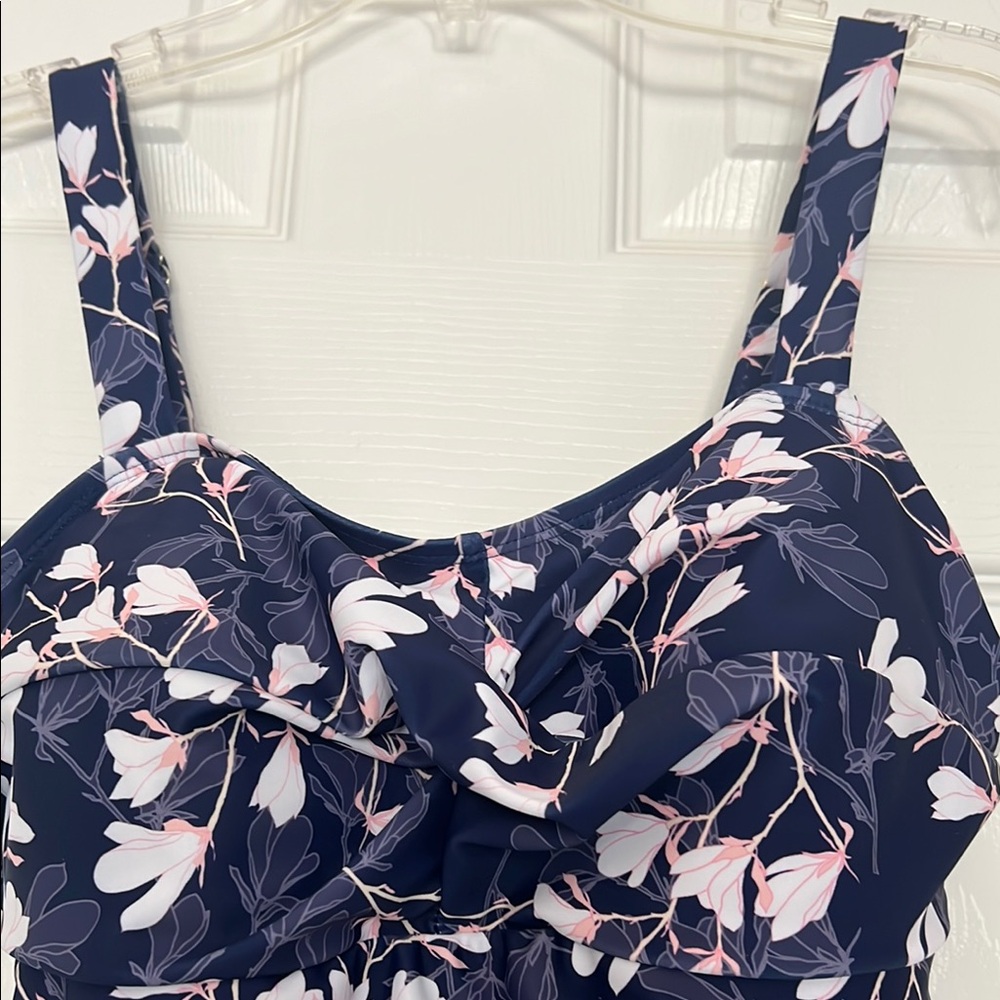 Blue and White Floral One-Piece Swimsuit with Ruffles - Picture 3 of 17